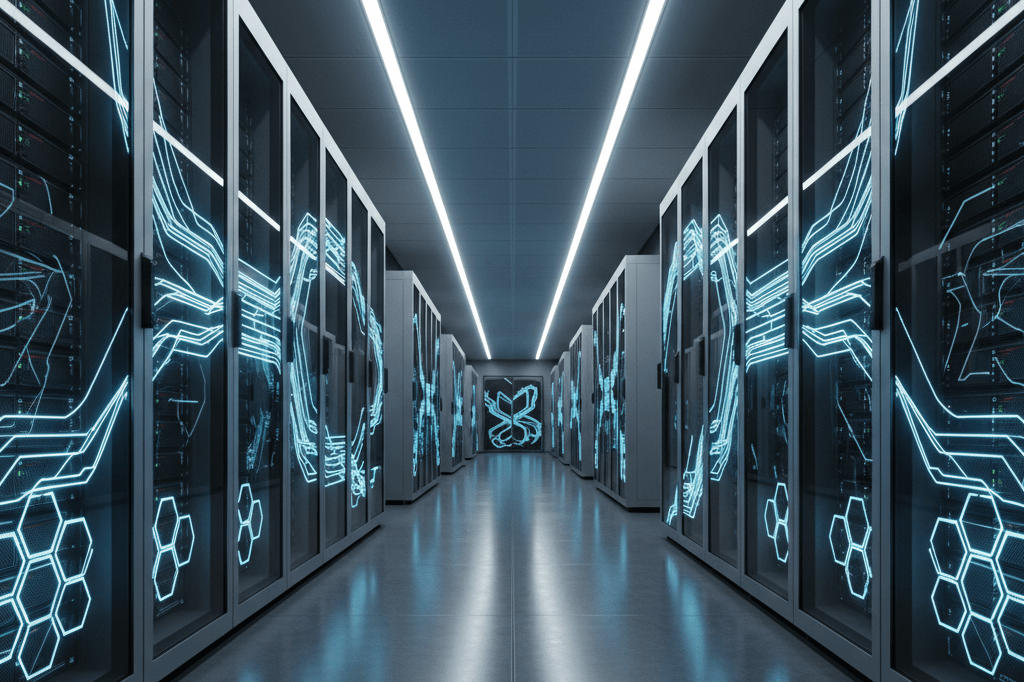 Rows of server racks in a sleek data center under ambient LED lighting, symbolizing cross-industry applications driving AI hardware demand