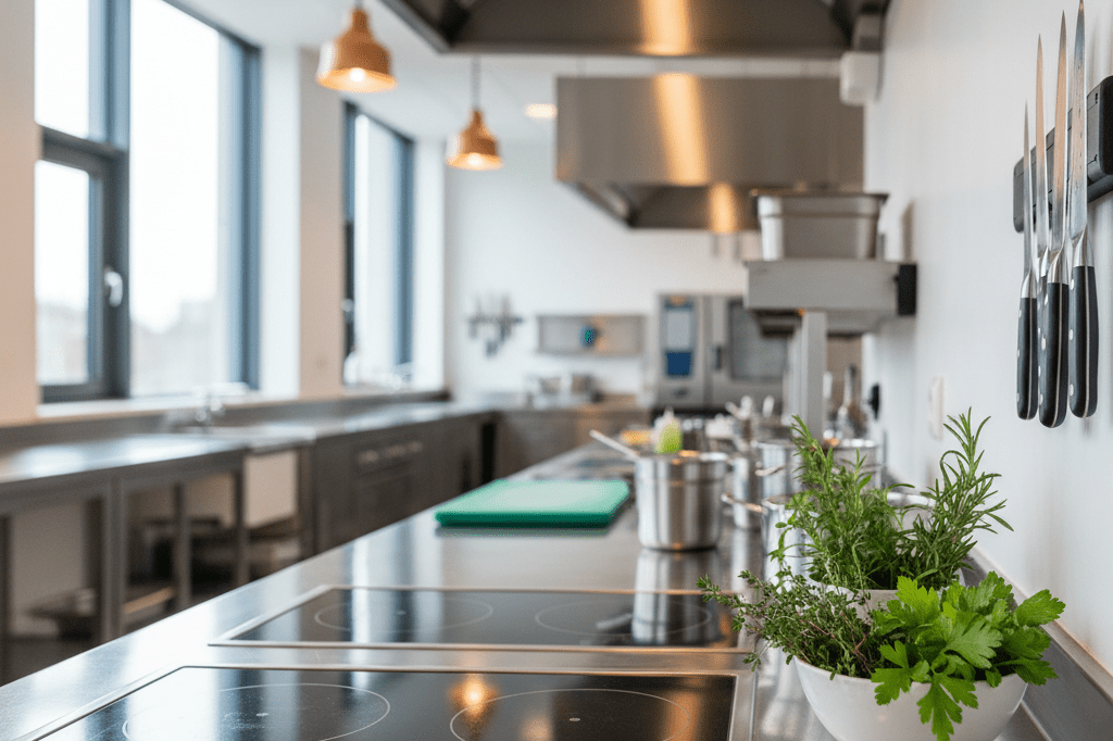 Medium shot of a stainless-steel induction cooktop next to chef's knives and fresh herbs on a professional kitchen counter under natural and ambient light