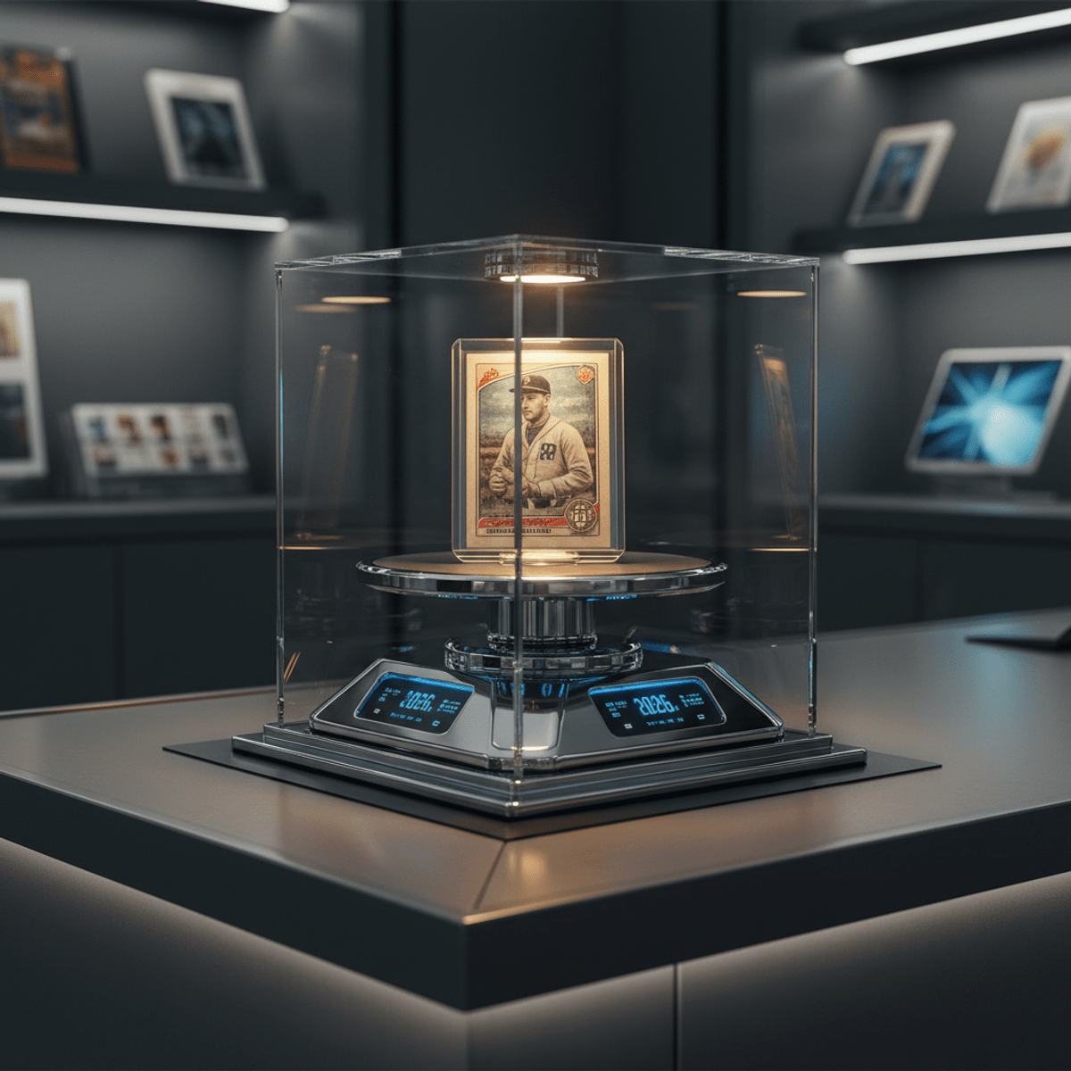 Futuristic trading card display with motorized pedestal and illuminated vintage card.