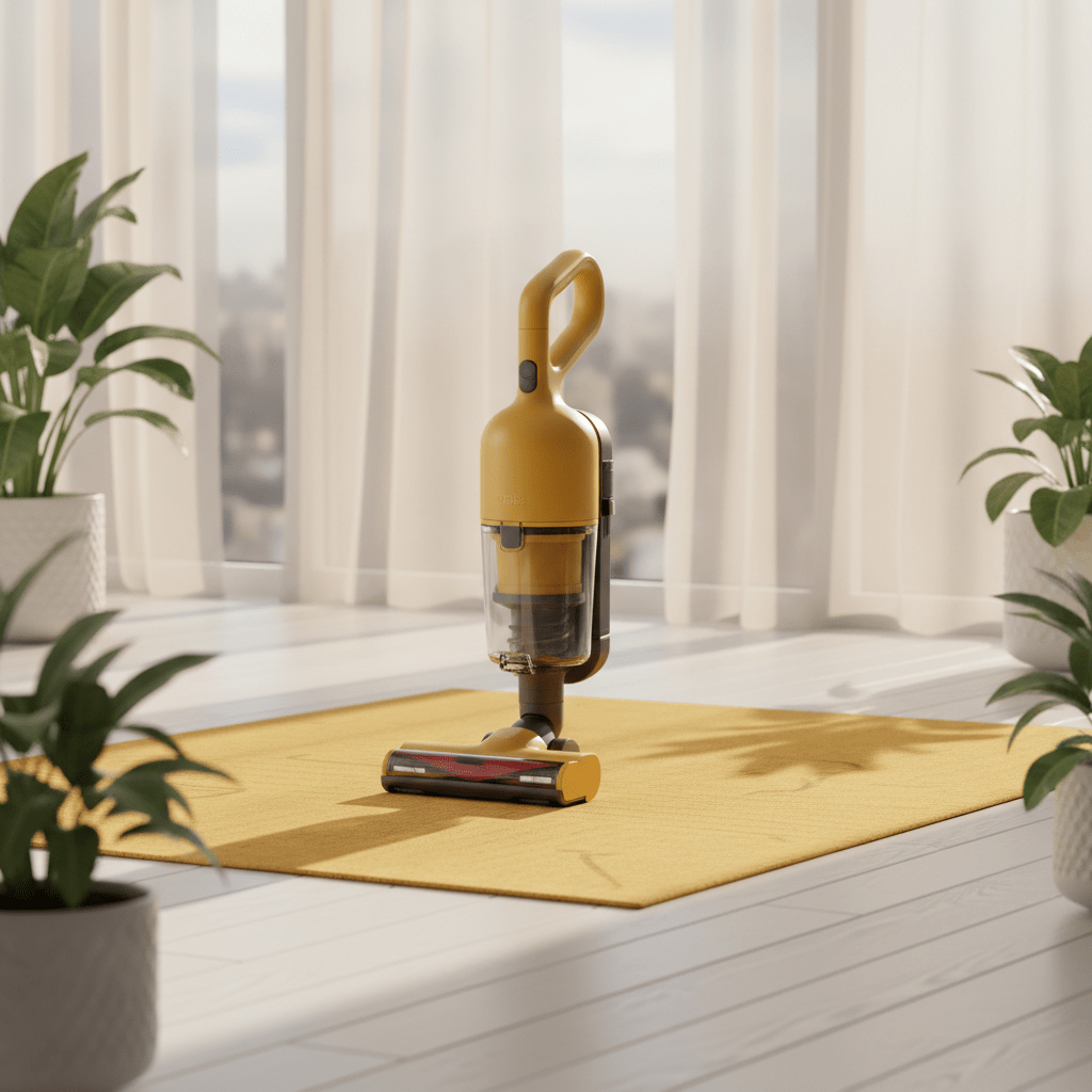Modern marigold yellow vacuum cleaner in a minimalist room with plants.