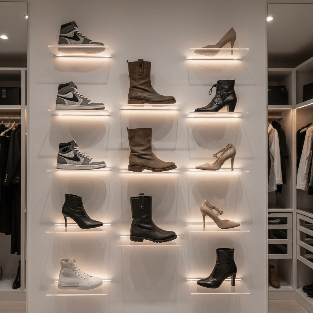 Walk-in closet with acrylic shelves displaying collectible shoes like art.