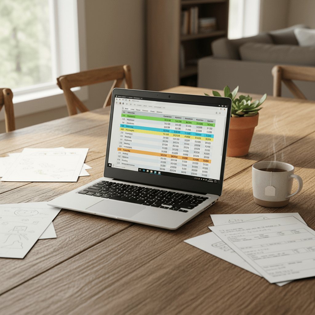 Modern laptop displaying family budget on a wooden dining table with homework.