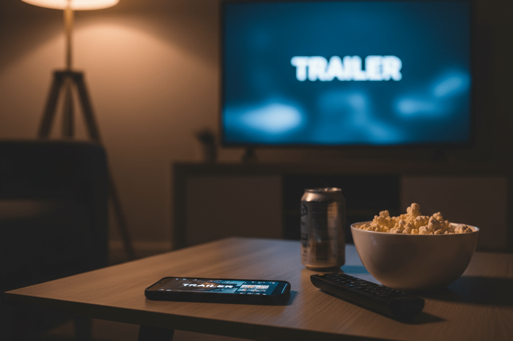Medium shot of smartphone showing paused trailer thumbnail on coffee table with popcorn and soda in dimly lit living room