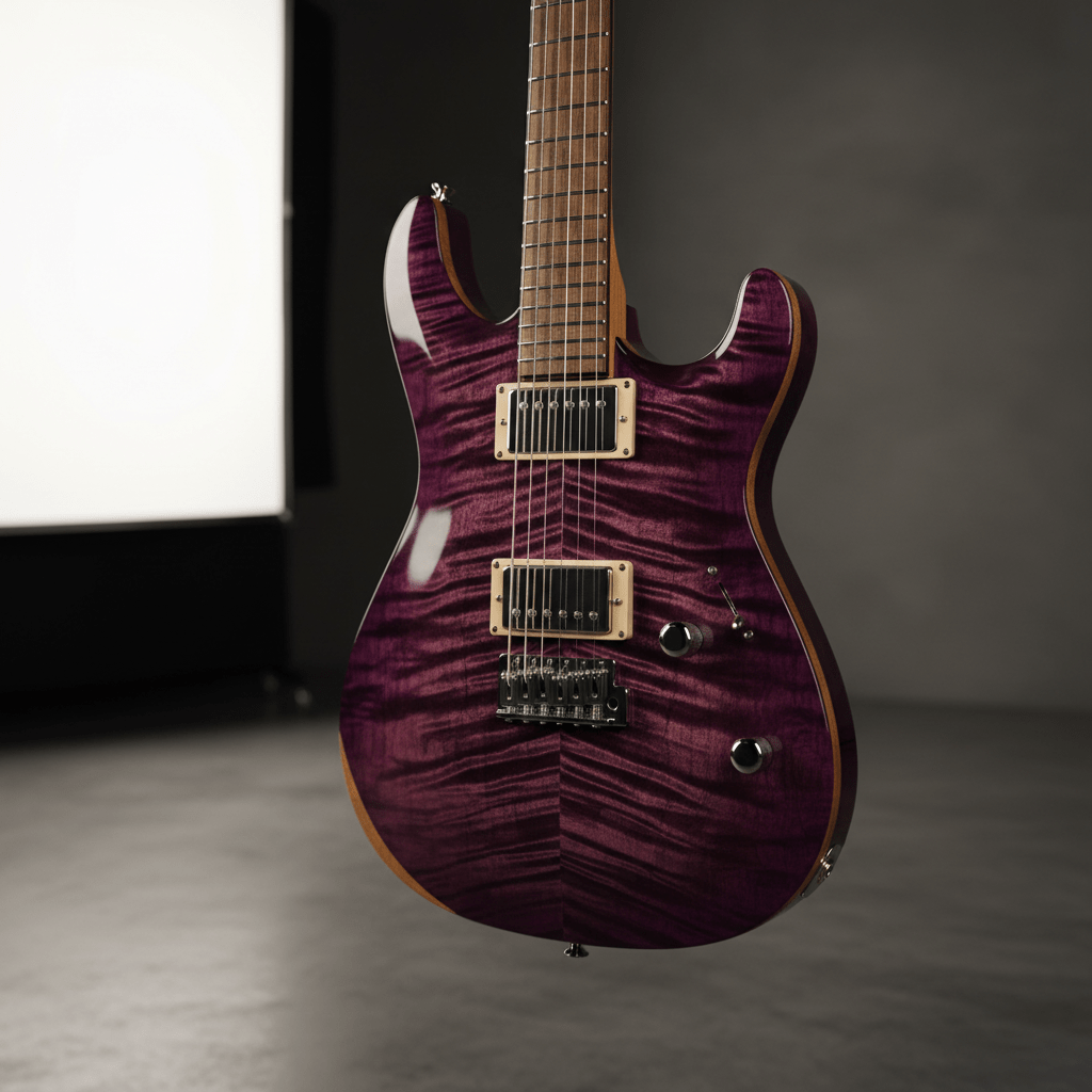 Handcrafted purple flame maple guitar with rich grain patterns in studio lighting.