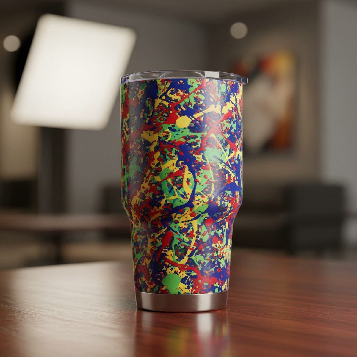 Premium insulated tumbler with vibrant multi-color abstract paint splatter on wood.