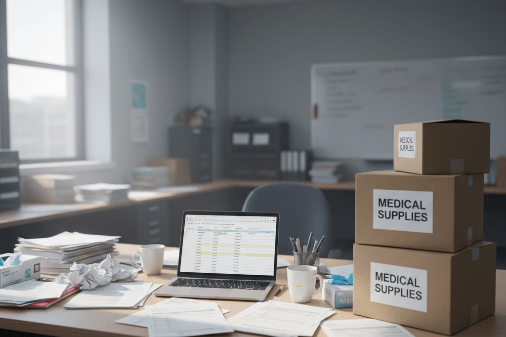 Scattered documents and generic medical supply boxes on a university procurement desk lit by natural and ambient light, highlighting emergency response challenges