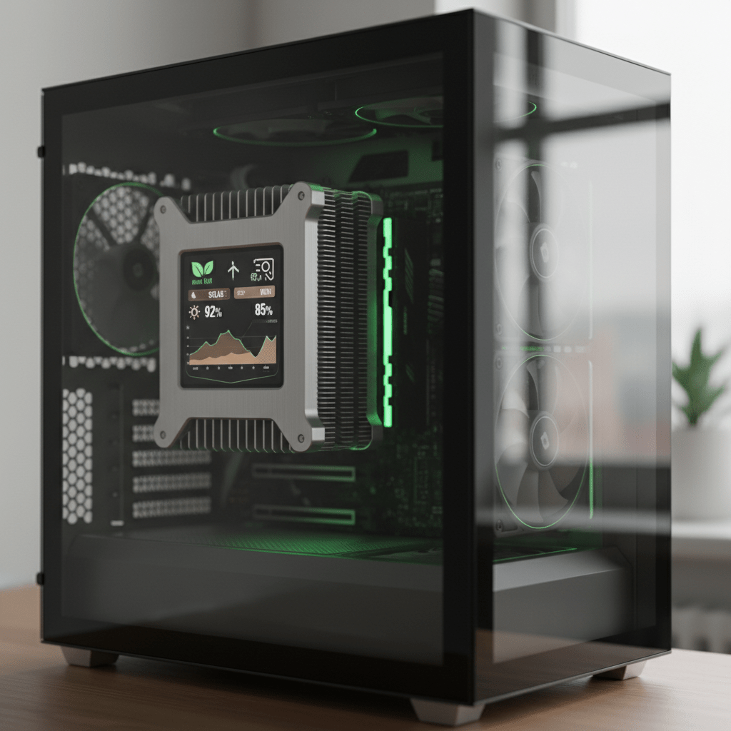 Futuristic CPU cooler displays ecological data on a sleek brushed aluminum finish.