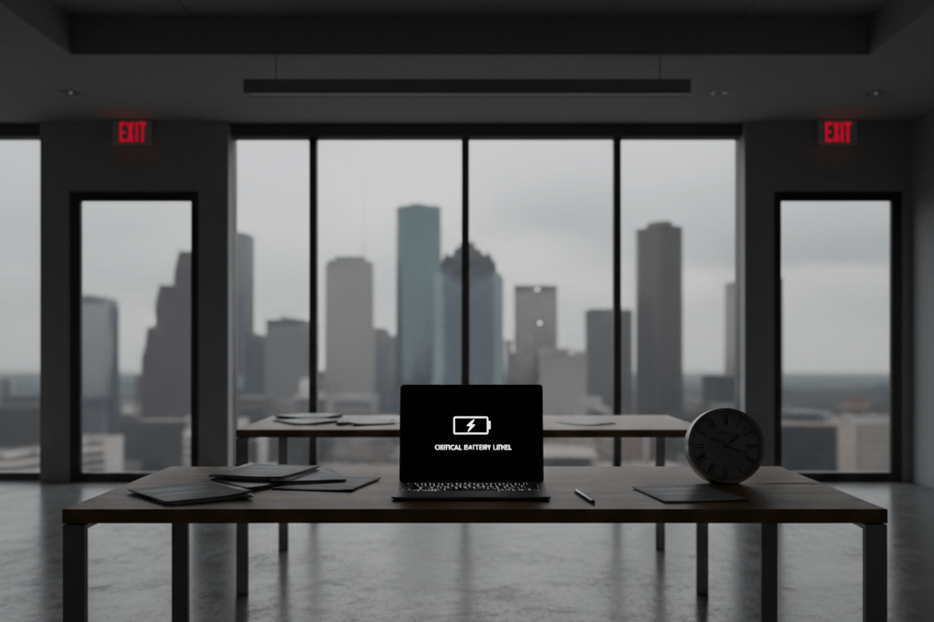 Medium shot of a Houston office in dim ambient light with dark ceiling lights and glowing exit signs during a power outage