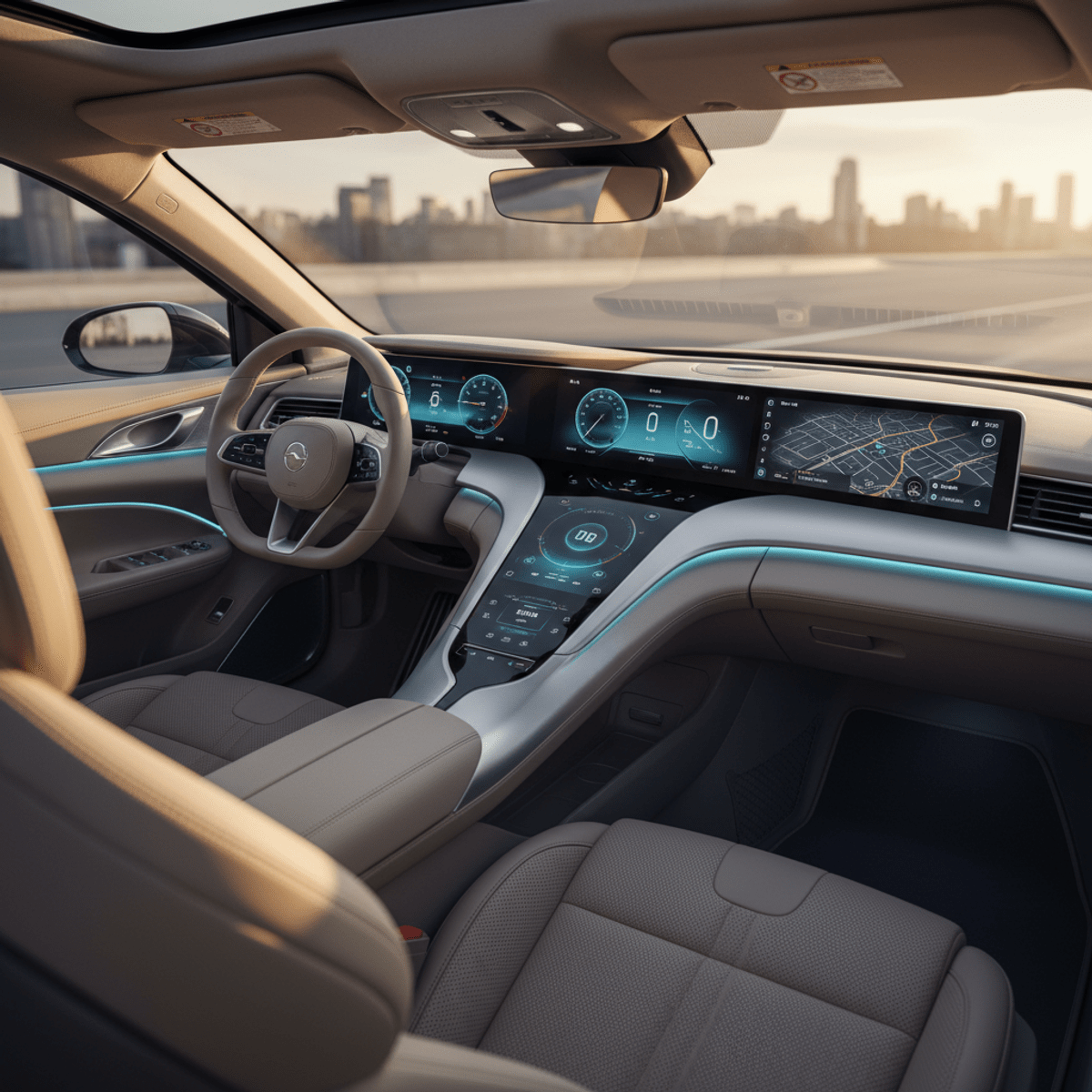 Modern car interior with advanced digital dash and navigation map.