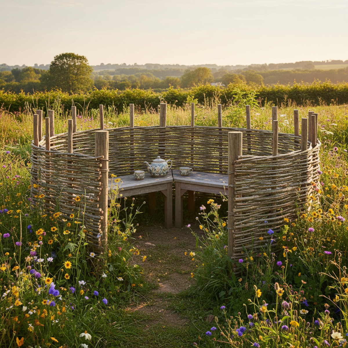 Handwoven willow wattle fencing creates a rustic seating area in a blooming garden.