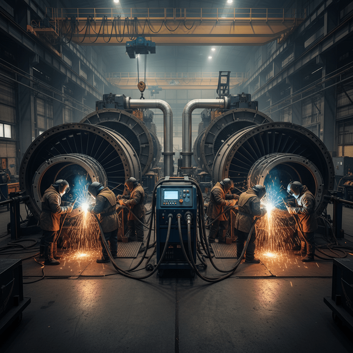 Industrial plant maintenance with welders repairing turbine housings and exotic alloy pipes.