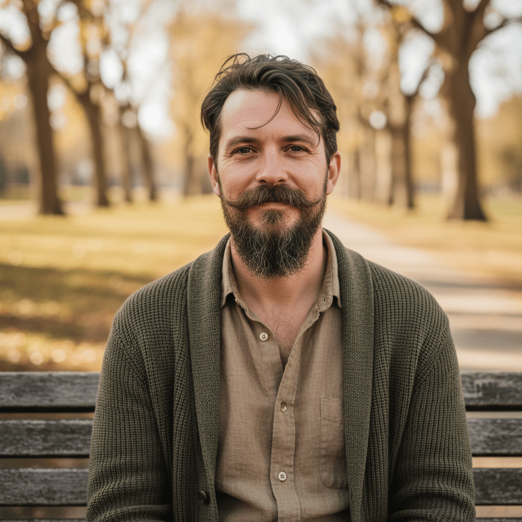 Man with deconstructed goatee and mustache sitting on a park bench.