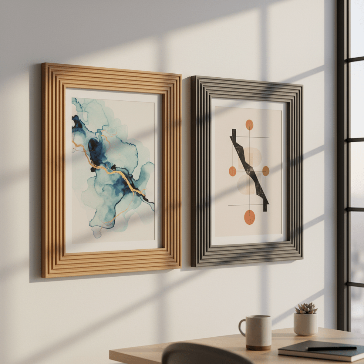 Artistic posters in textured office wall frames Contemporary office wall with artistic posters in reeded wood and ribbed metal frames.