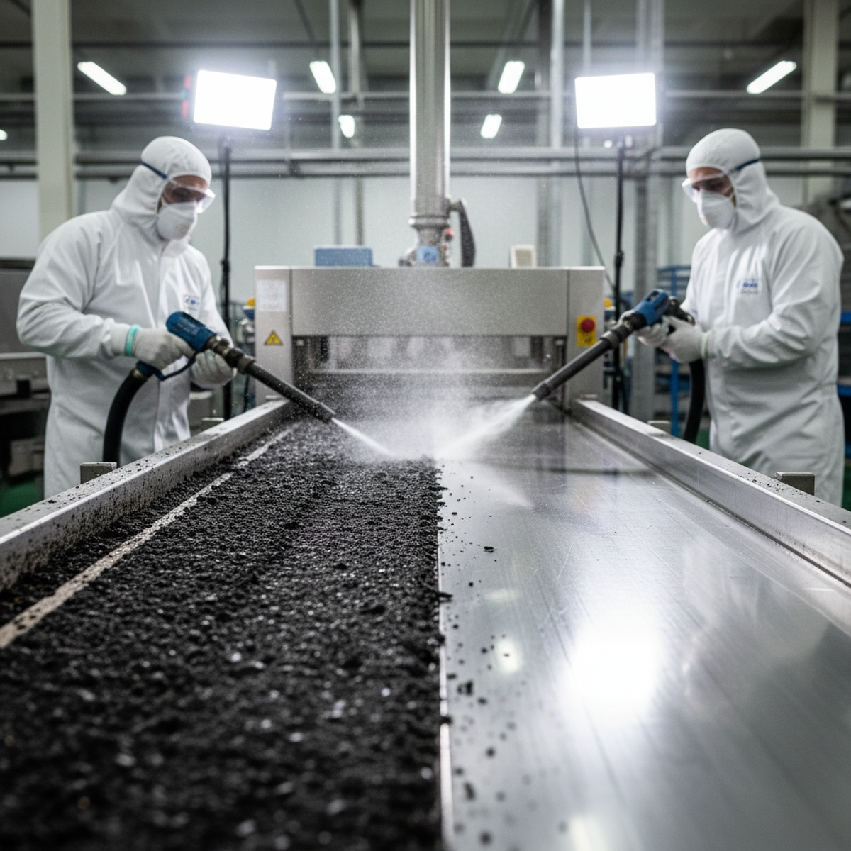 Dry ice blasting cleans a stainless steel conveyor, removing baked-on dough residue.