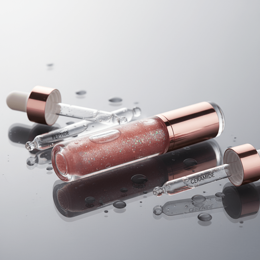 Shimmering rose-pink lip gloss with peptide and ceramide solutions.