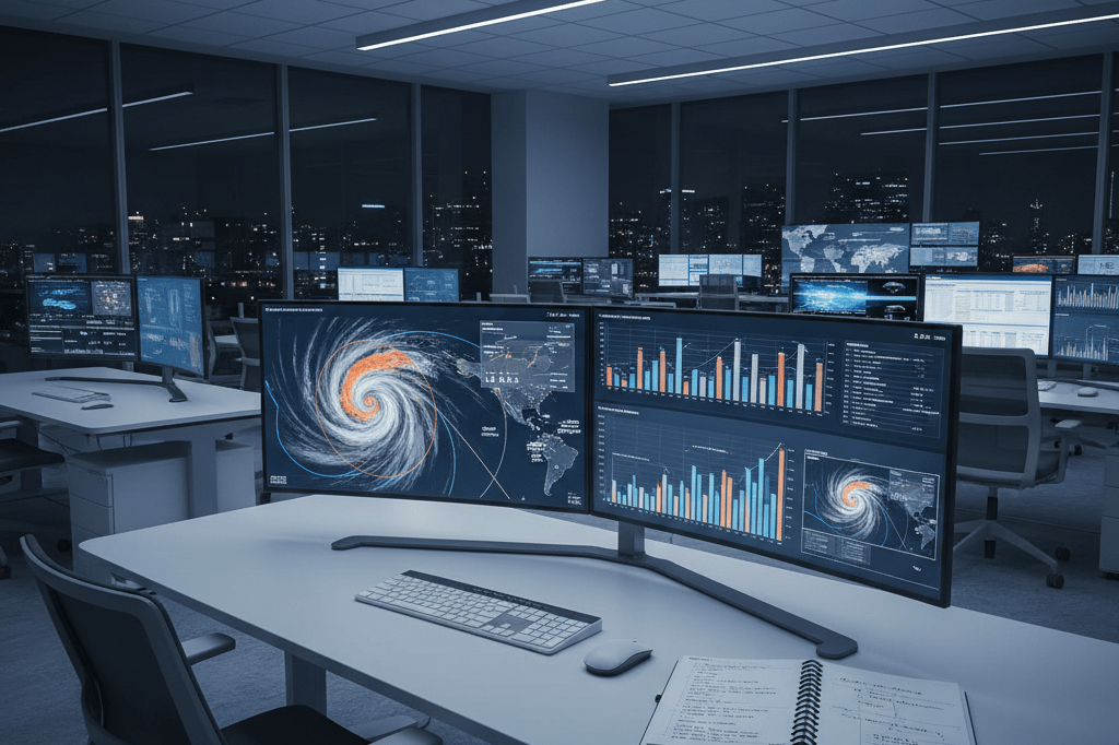 Empty logistics control room featuring weather forecast maps and supply chain planning tools under ambient lighting