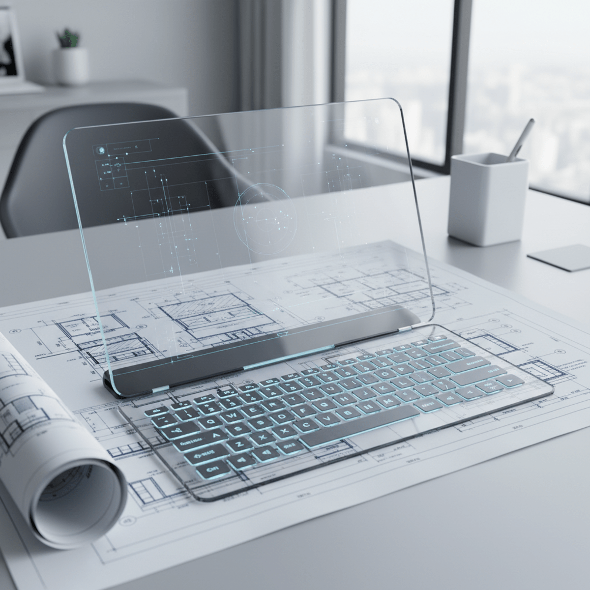 Transparent tablet with backlit keyboard rests on architectural blueprints.