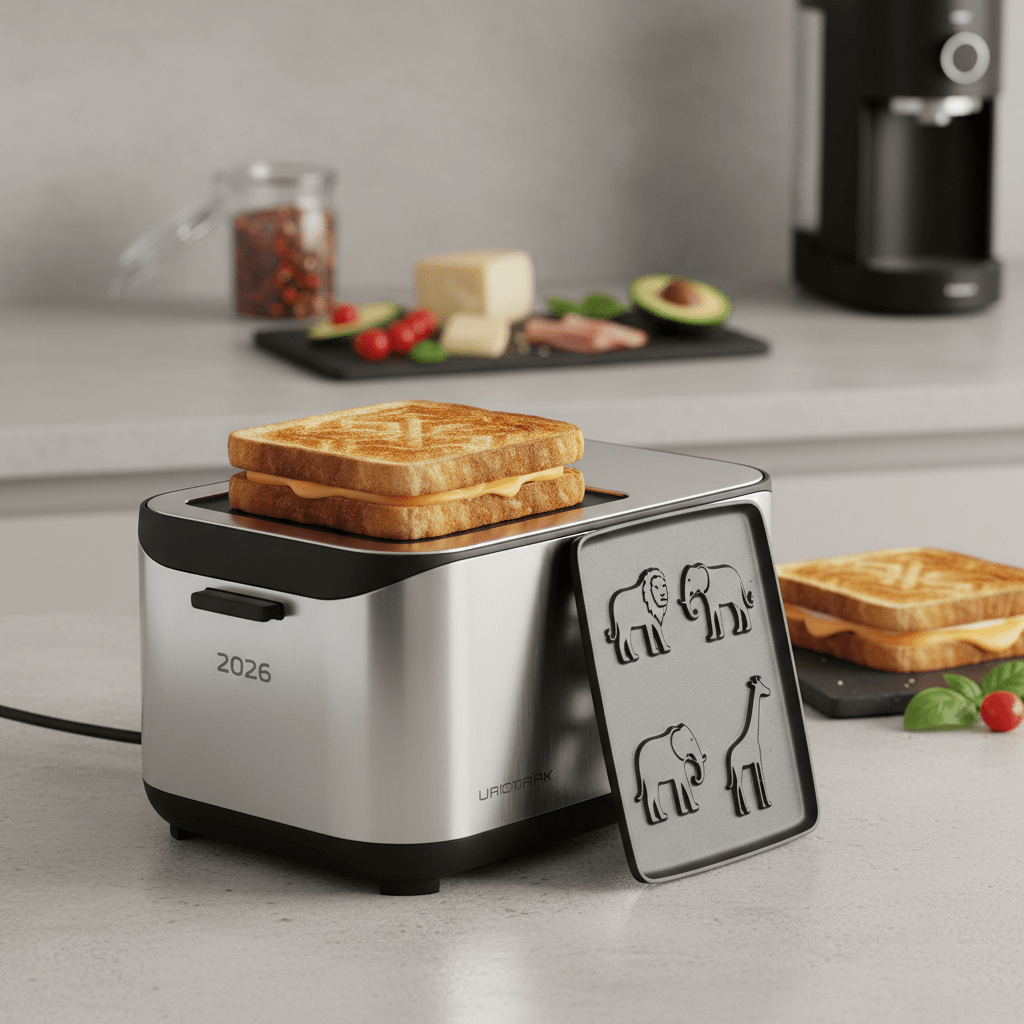 Sleek sandwich toaster imprinting geometric patterns and animal shapes onto toast.