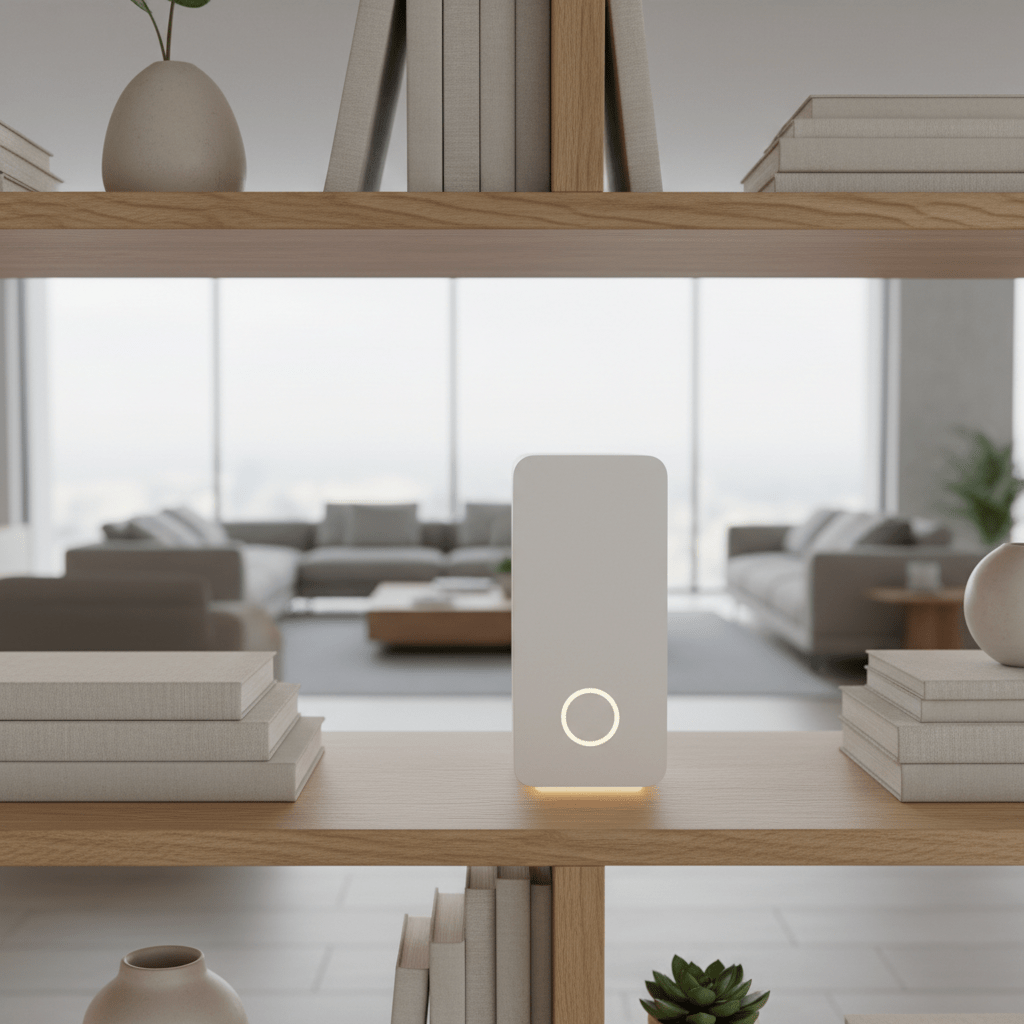 Matte white router on oak bookshelf in minimalist living room with soft LED glow.