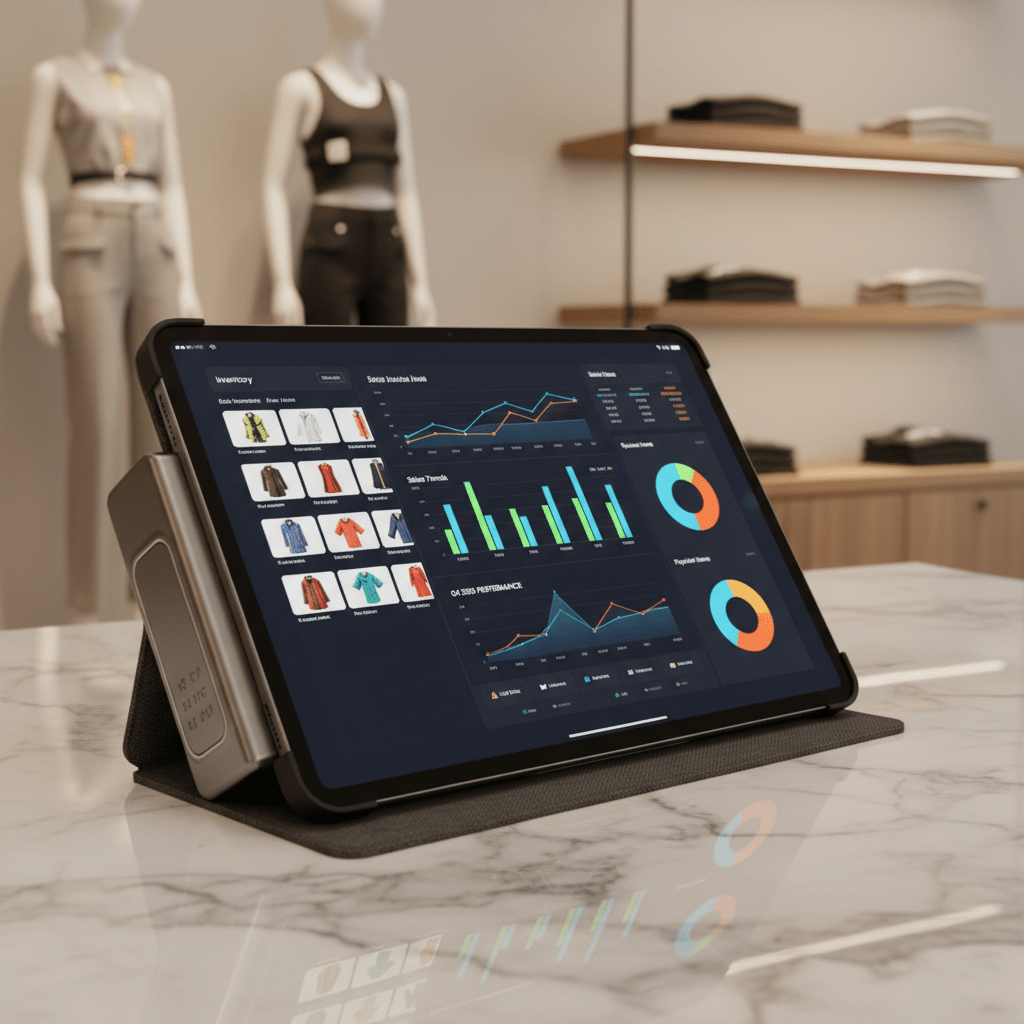 Tablet with inventory interface on marble countertop in modern retail space.