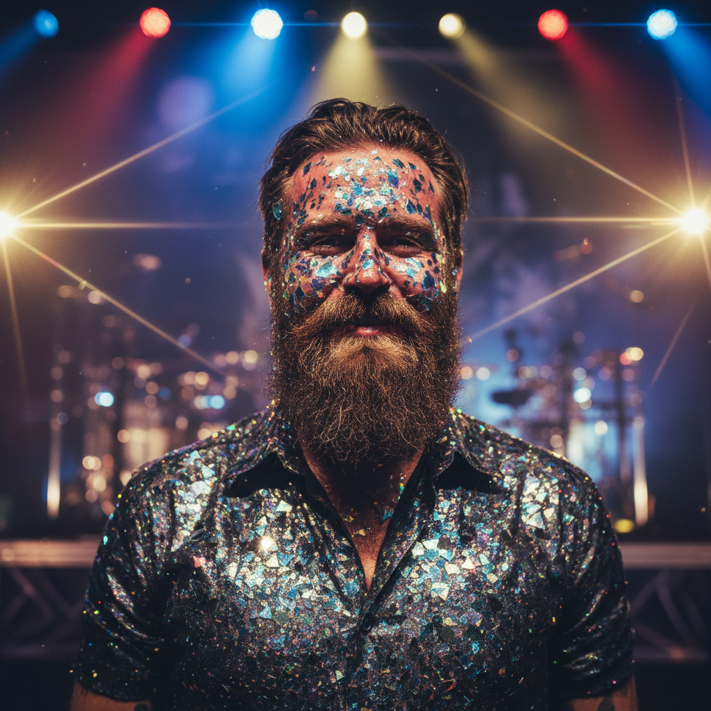 Man's natural beard covered in holographic glitter, reflecting rainbow light on stage.