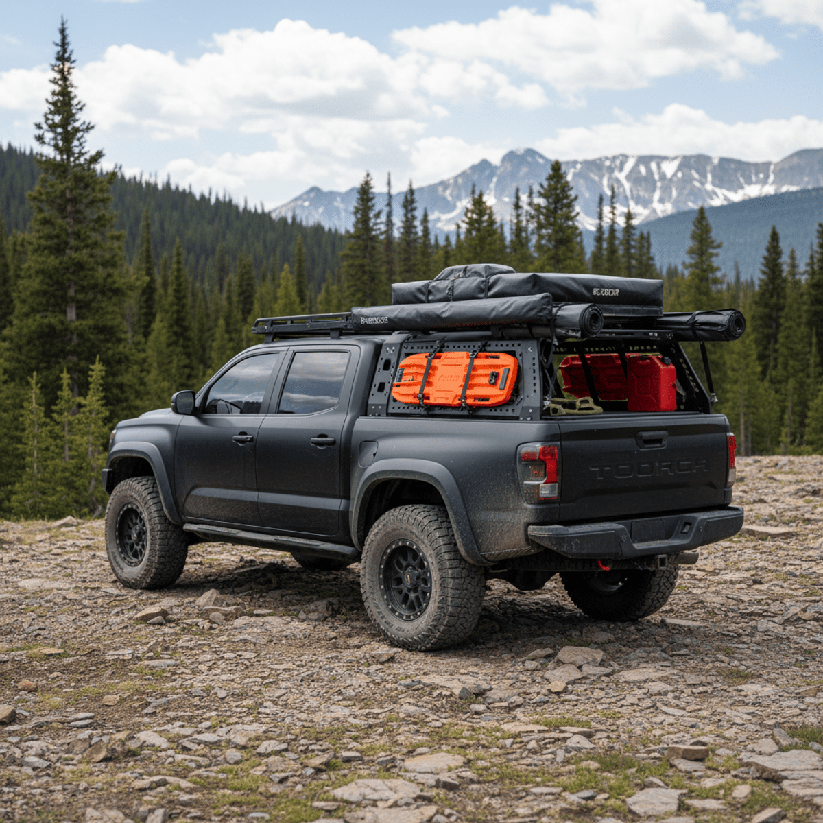Rugged truck with modular bed rack and rooftop tent on a rocky mountain plateau.