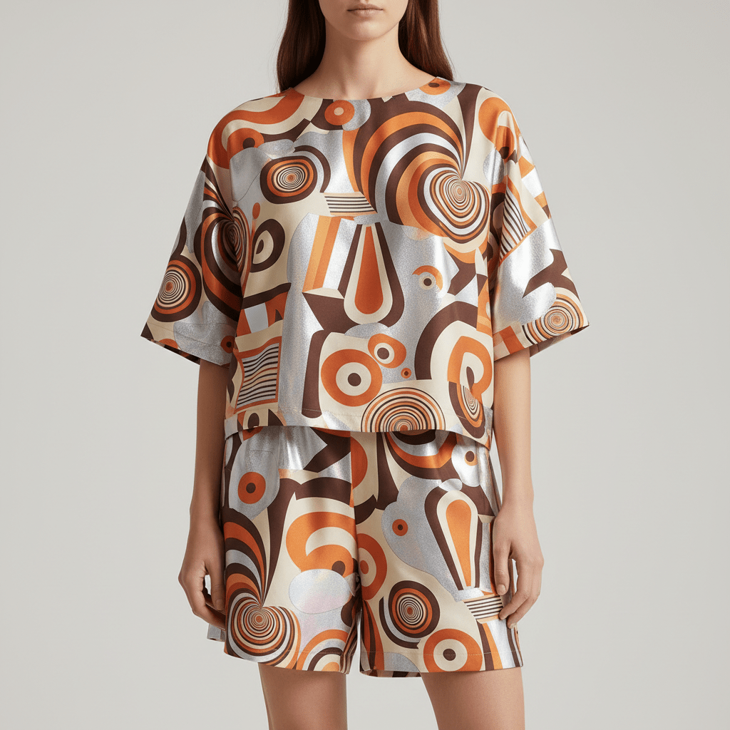 Model wears a co-ord set with Op-Art illusions, geometric shapes, and lava-lamp blobs.