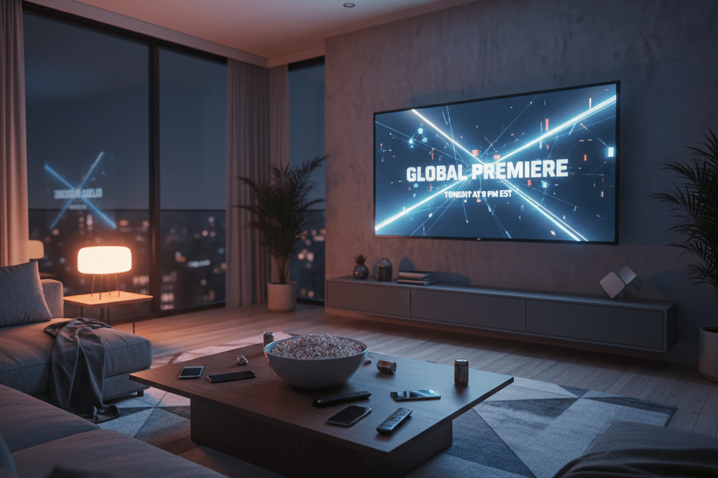 Living room with glowing TV, snacks, and phones on coffee table, capturing excitement of worldwide entertainment release