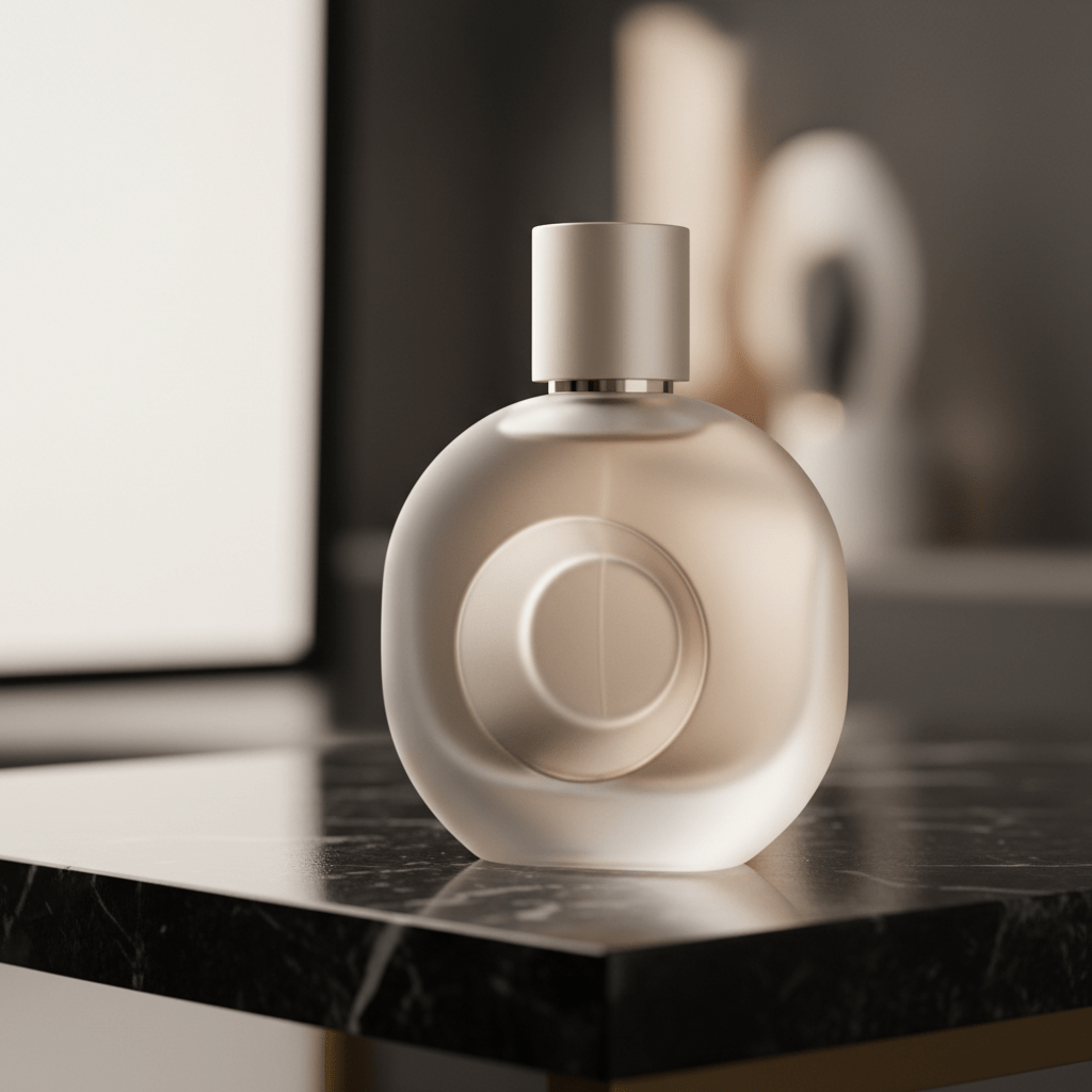 Luxury frosted perfume bottle with indentation on black marble, studio lighting.