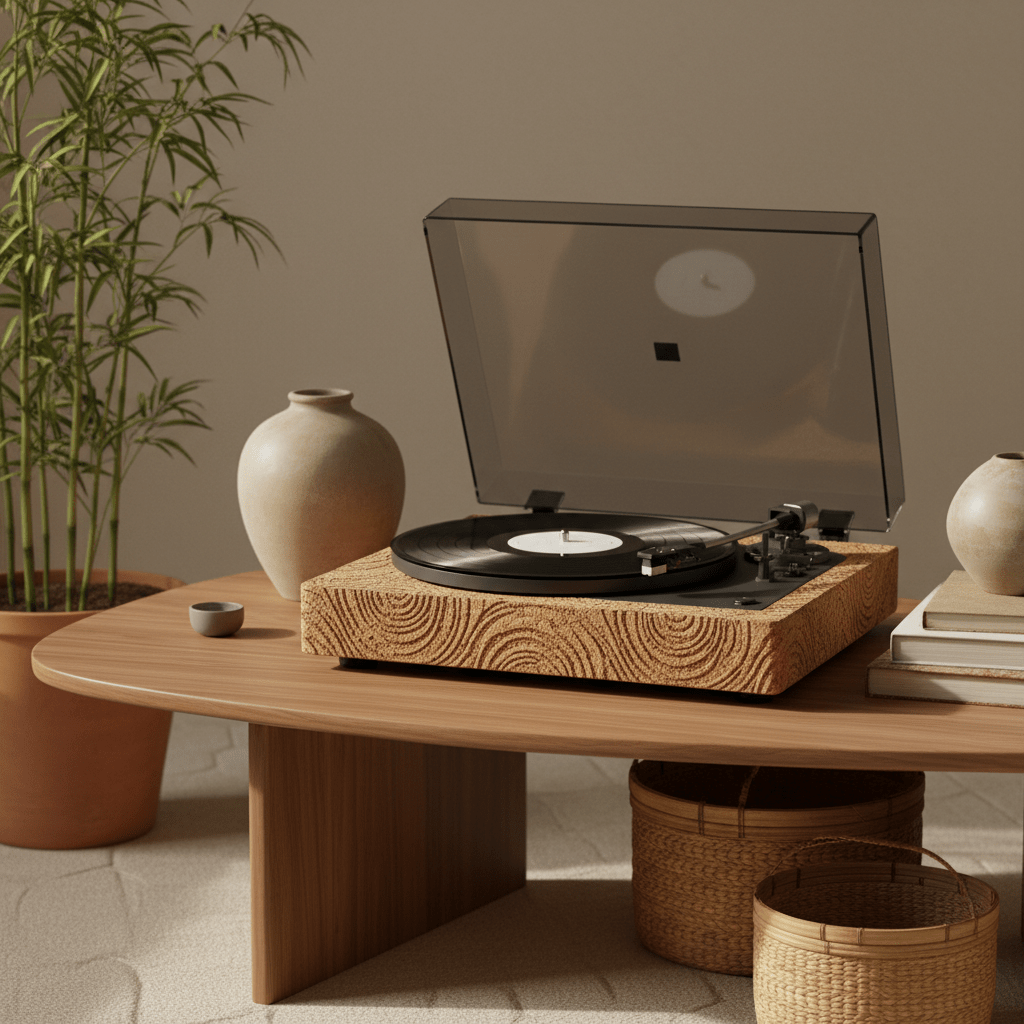 LP player with textured cork plinth on a contemporary table. LP player with cork plinth on a modern table with organic curves and bamboo.