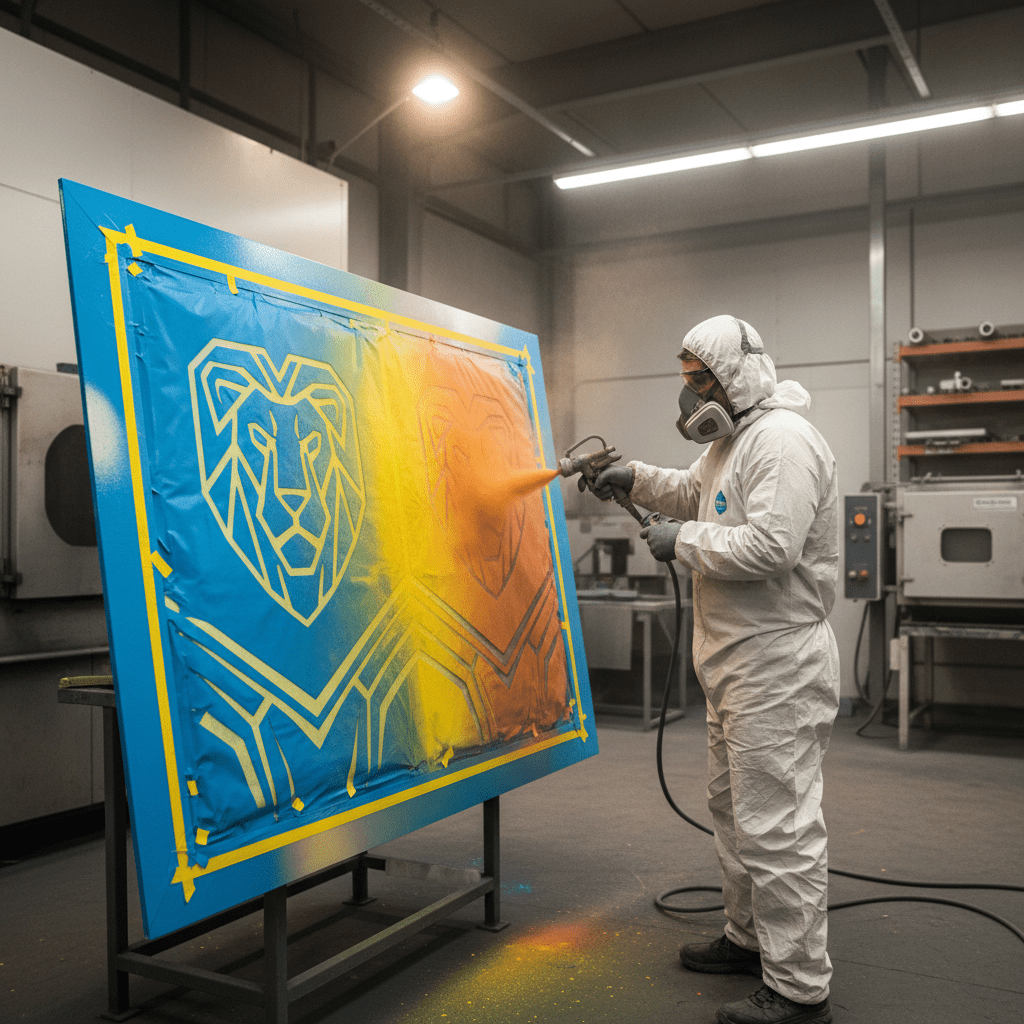 Craftsman applies vivid powder coating to masked architectural metal element.