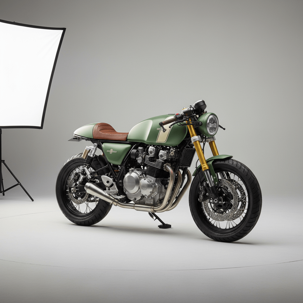 Matte sage green neo-retro cafe racer with cream stripes in studio.
