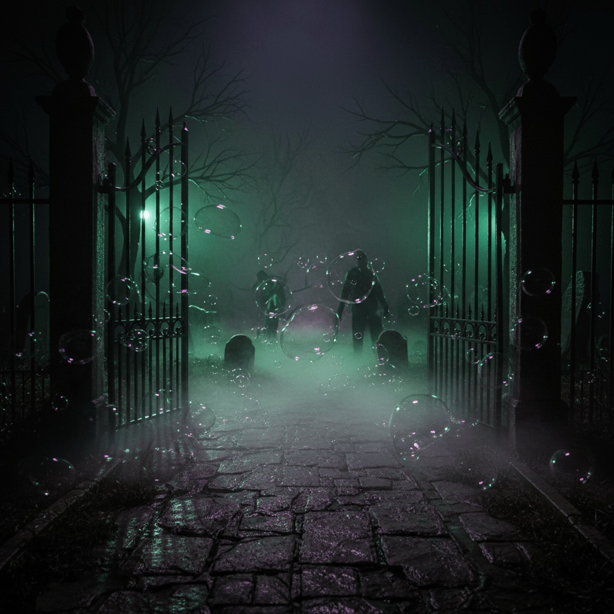 Eerie haunted graveyard entrance with dense fog bubbles and gothic gates.