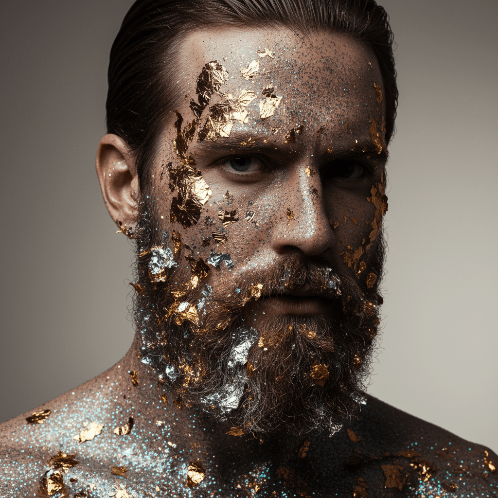 Man's beard with metallic gold and silver leaf pieces, rich textured effect.