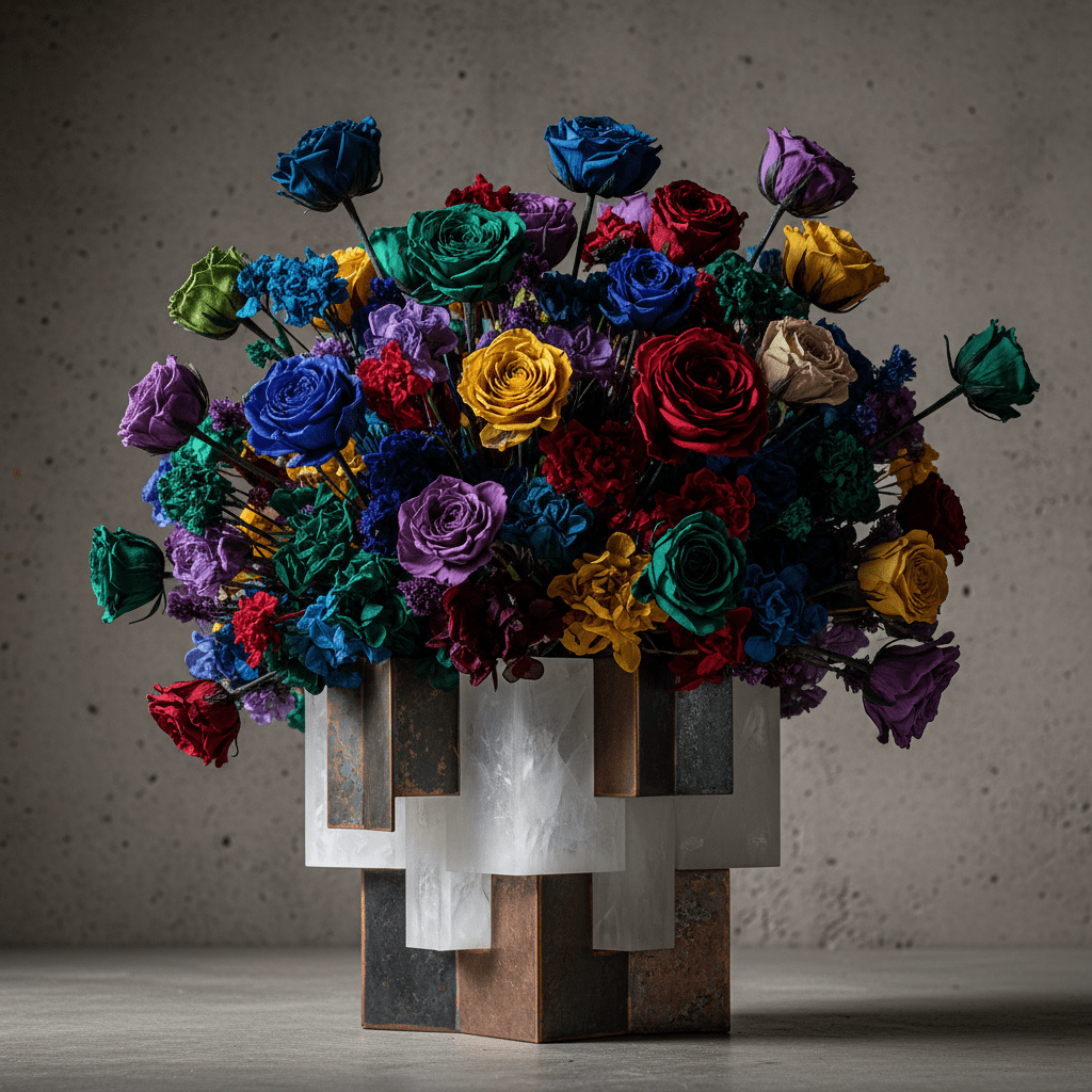Vibrant preserved flowers in recycled acrylic and metal framework, close-up with cinematic lighting.