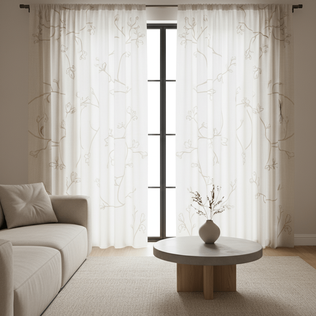 Modern sheer linen curtains with botanical embroidery Sheer linen curtains with delicate embroidered vine motifs in a minimalist living room.