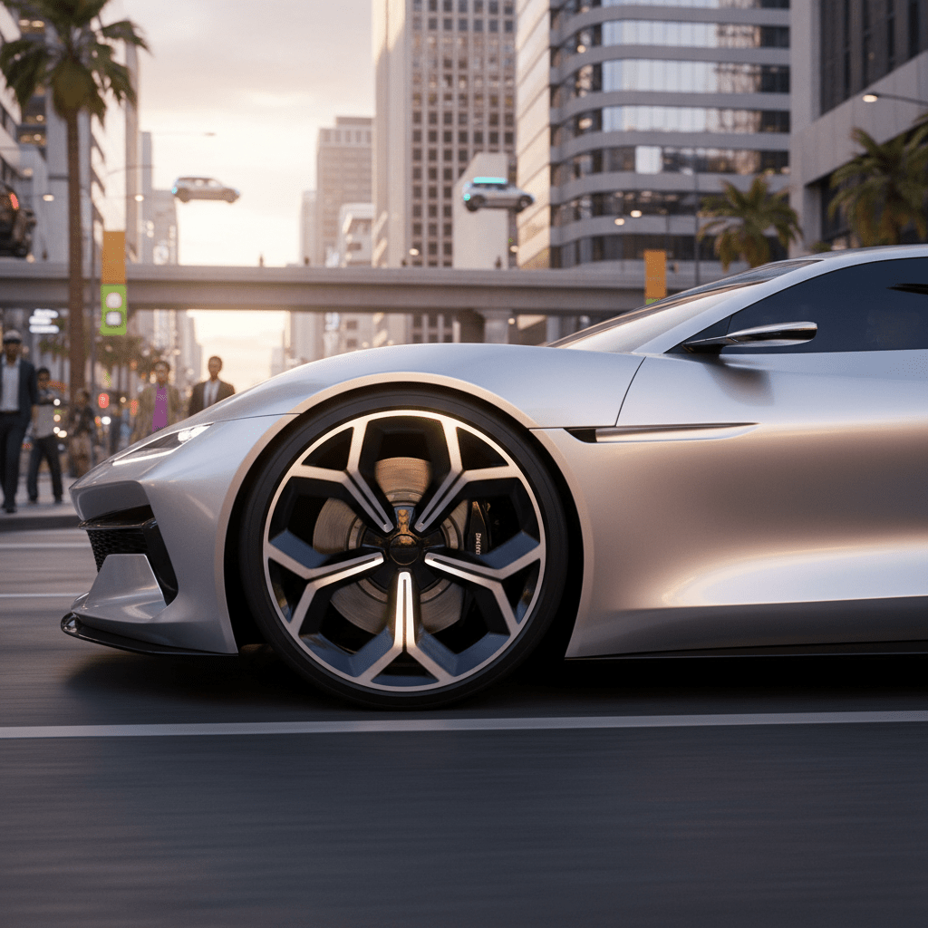 Sleek modern vehicle with gloss black wheels and milled aluminum edges in golden hour sunlight.