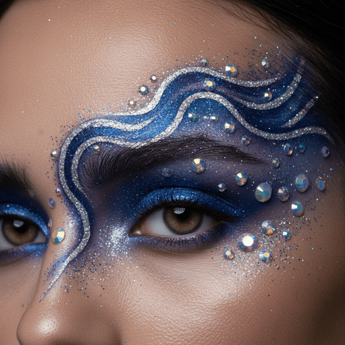 Ethereal unibrow styled as a cosmic pathway with glitter and multi-dimensional pigments.