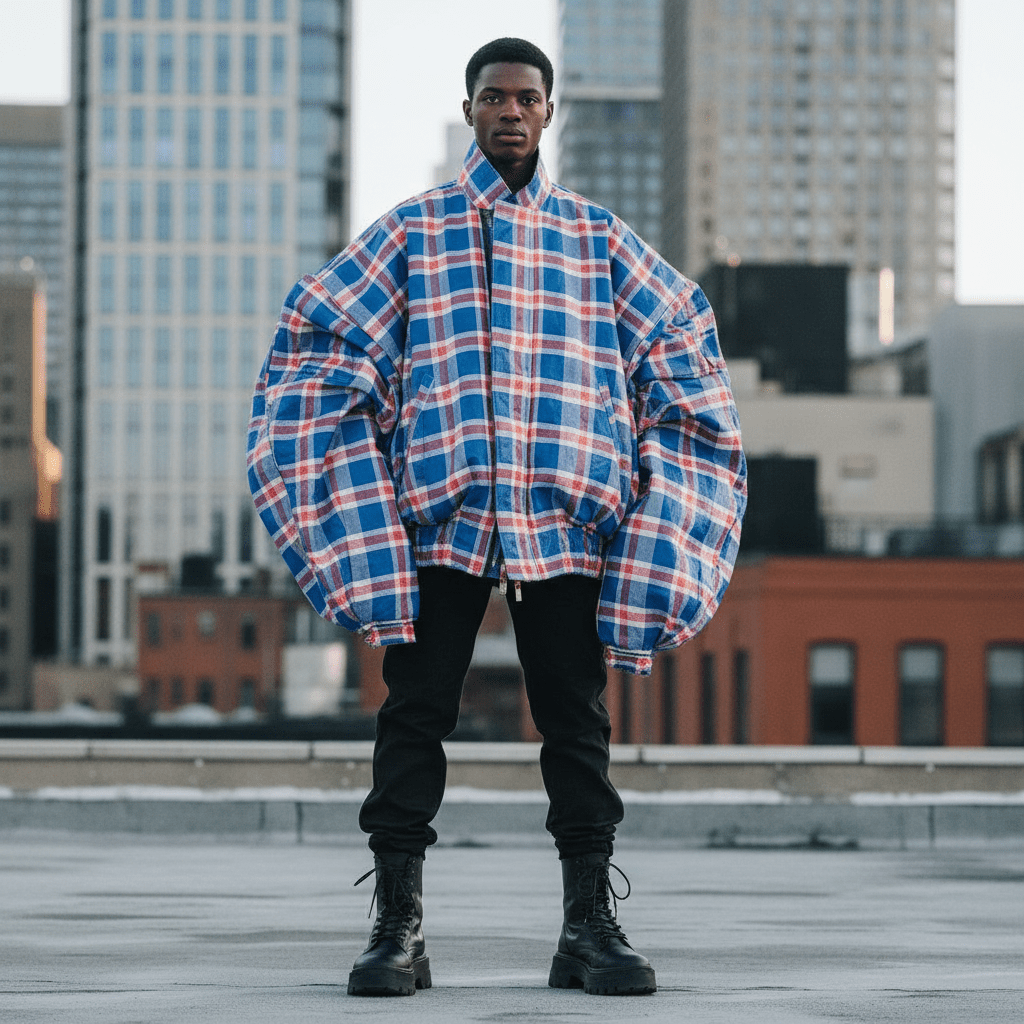 Oversized bomber jacket with Ghana pattern on urban rooftop, high-texture fabric.