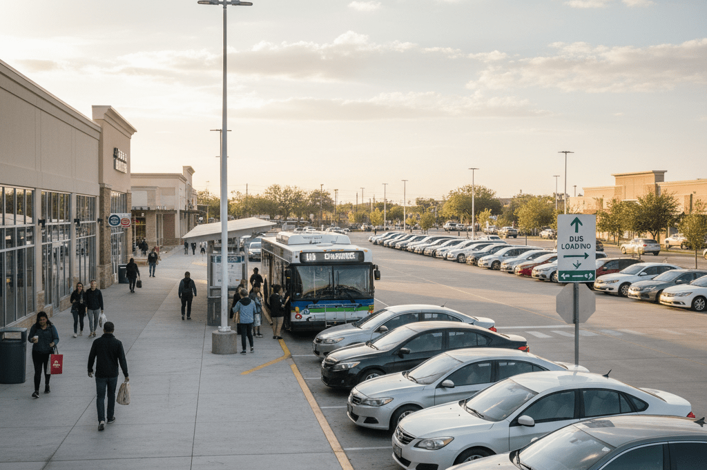 Wide-angle view of a VIA Transit Park & Ride station with buses, parked cars, and nearby businesses benefiting from event-driven foot traffic