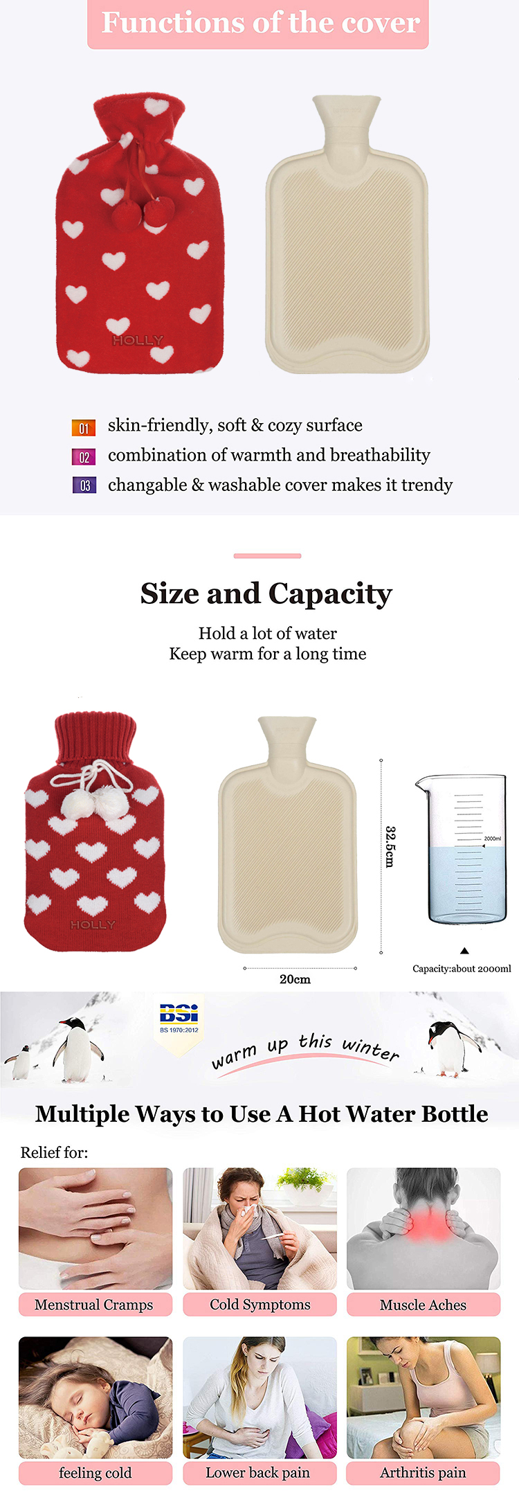 hot cold therapy pack knitted cover warm bag rubber 2 liter hot water bottle