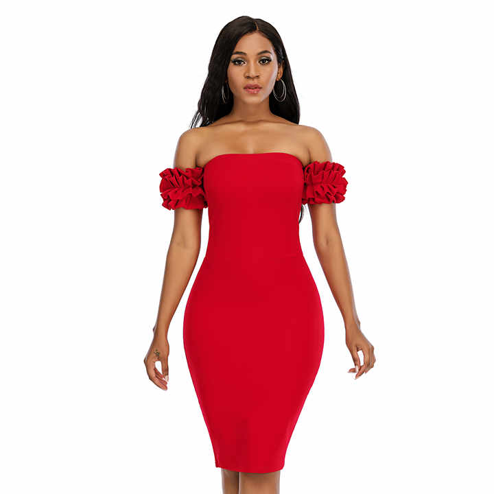 Hot Selling Fashion China Knee-Length Latest Red Sexhy Bodycon Cotton Strapless Women Midi Puff Sleeve Dresses Hot Selling Fashion China Knee-Length Latest Red Sexhy Bodycon Cotton Strapless Women Midi Puff Sleeve Dresses