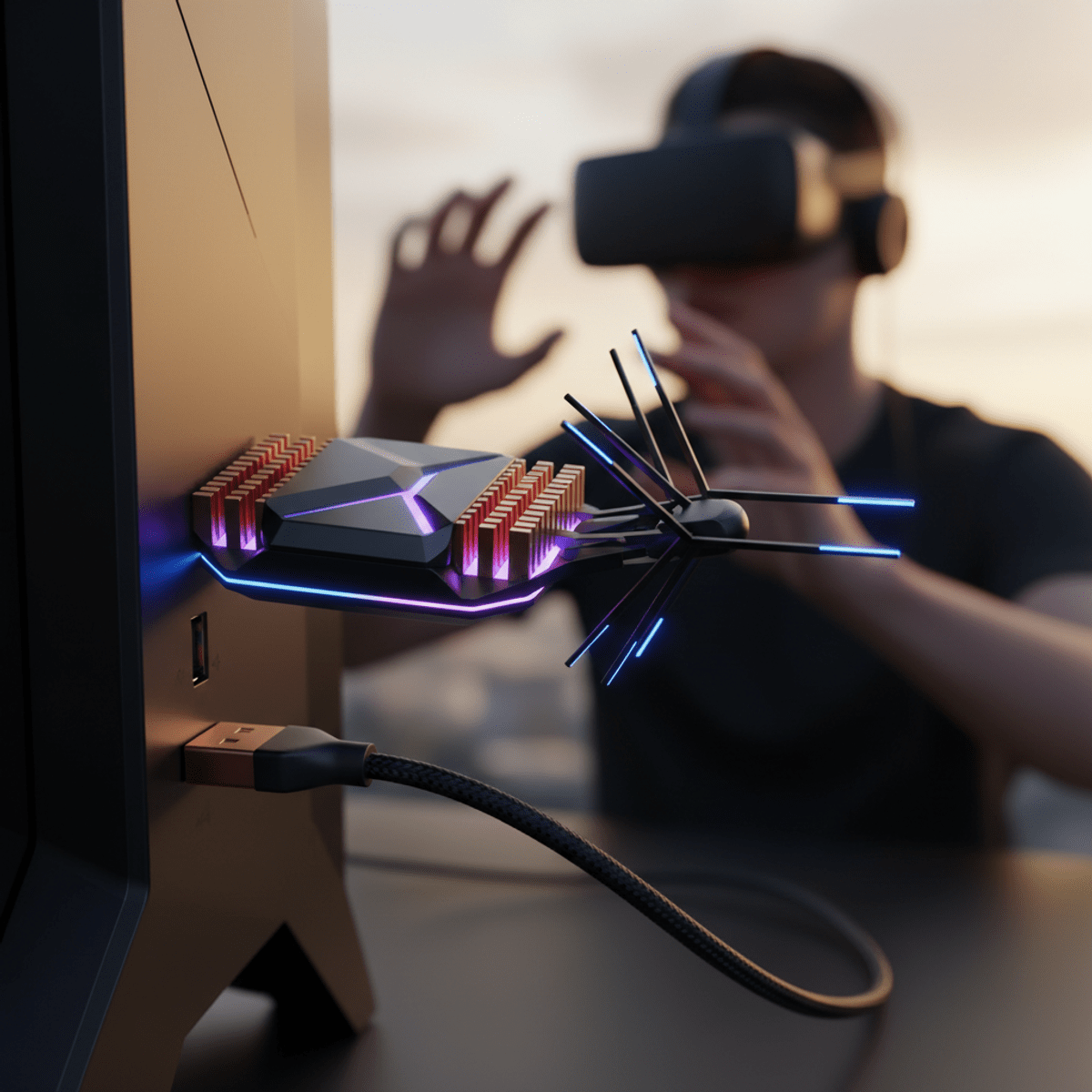 Close-up of advanced Wi-Fi dongle connected to a gaming PC with RGB illumination.