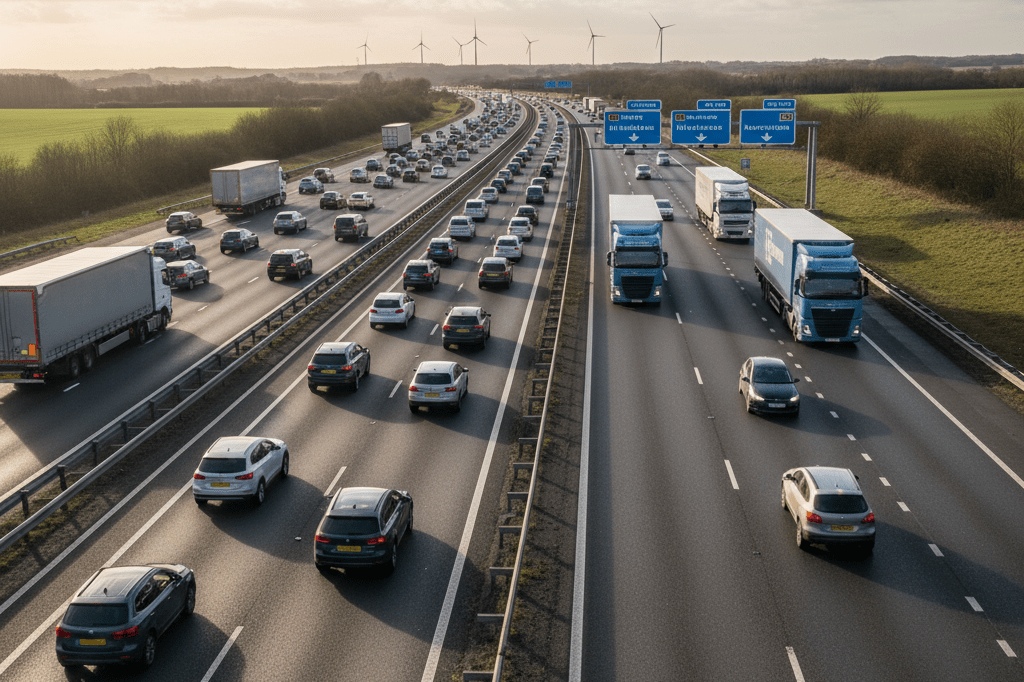 Busy motorway filled with cars and logistics trucks under natural light, showcasing seasonal traffic surge