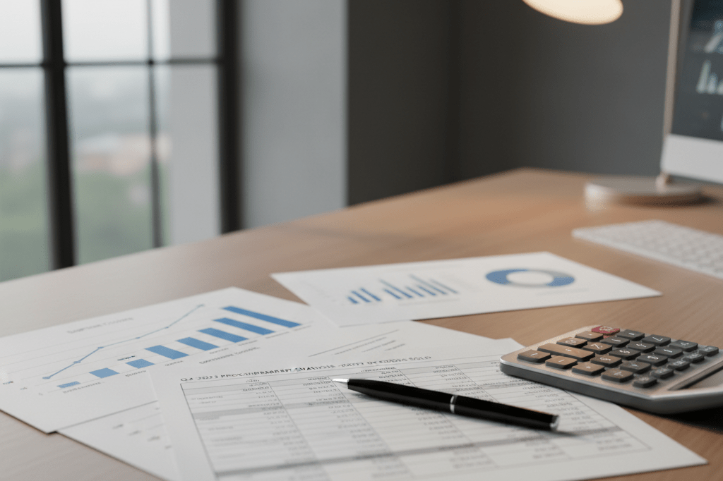 Office desk with financial charts and calculator under natural light symbolizing retail wage cost analysis