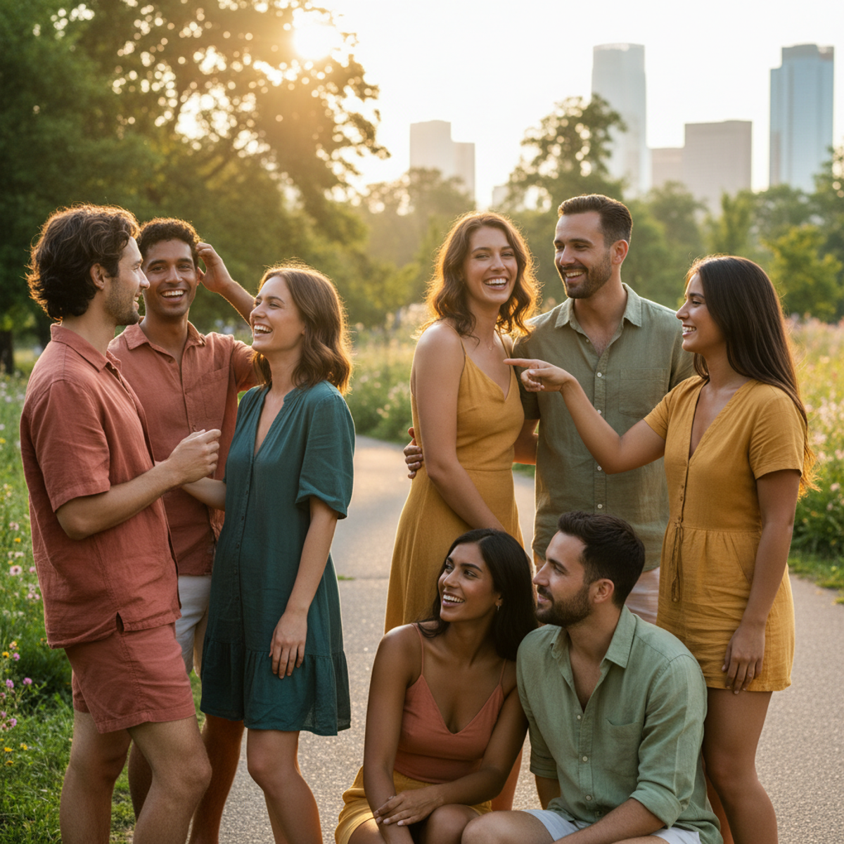 Diverse group enjoying golden hour with natural, custom spray tans in a park.