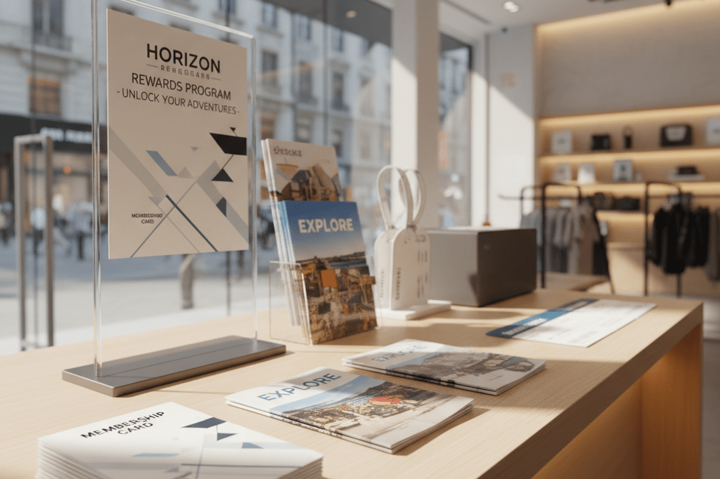 Wide shot of a retail counter showcasing generic loyalty materials under natural light, symbolizing cross-industry reward partnerships