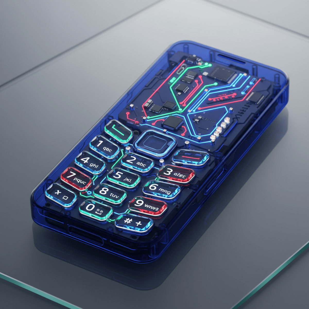 Futuristic transparent sapphire phone with glowing internal components on reflective glass.