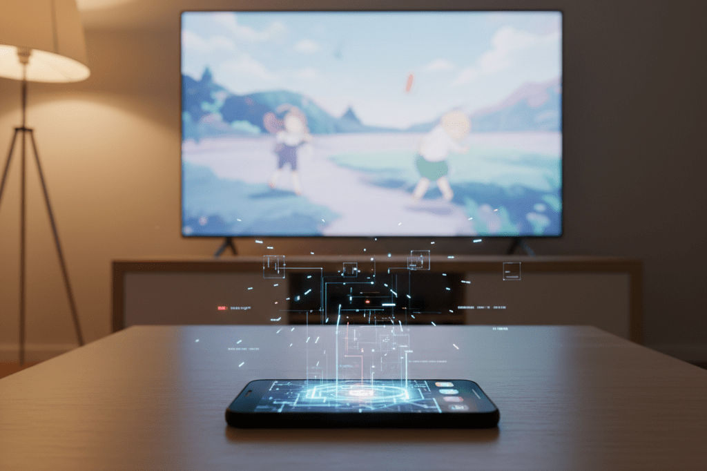 Blurred phone and TV screen with abstract data lines under warm light symbolizing streaming privacy leaks