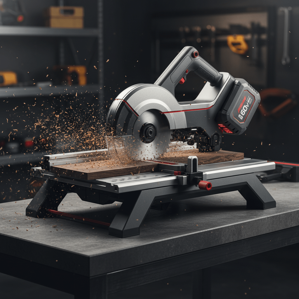 Cordless table saw with powerful battery cutting dense hardwood on a workshop bench.